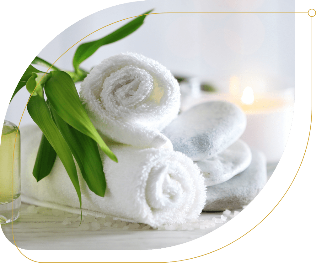 Towel rolls, plant and stones